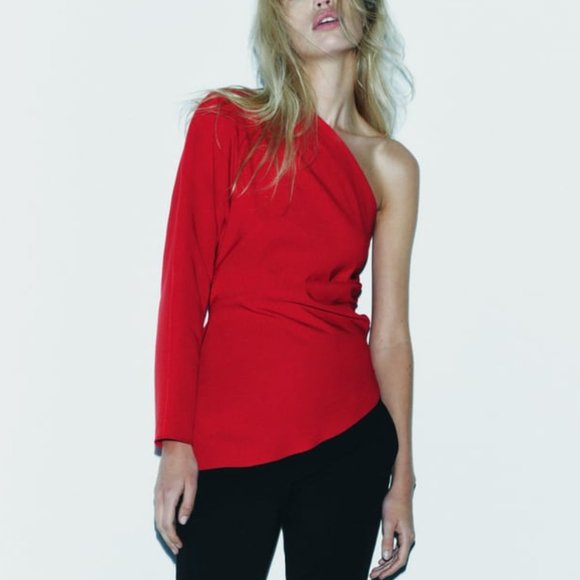 NWT ZARA RUCHED ASYMMETRIC TOP RED - Picture 2 of 5
